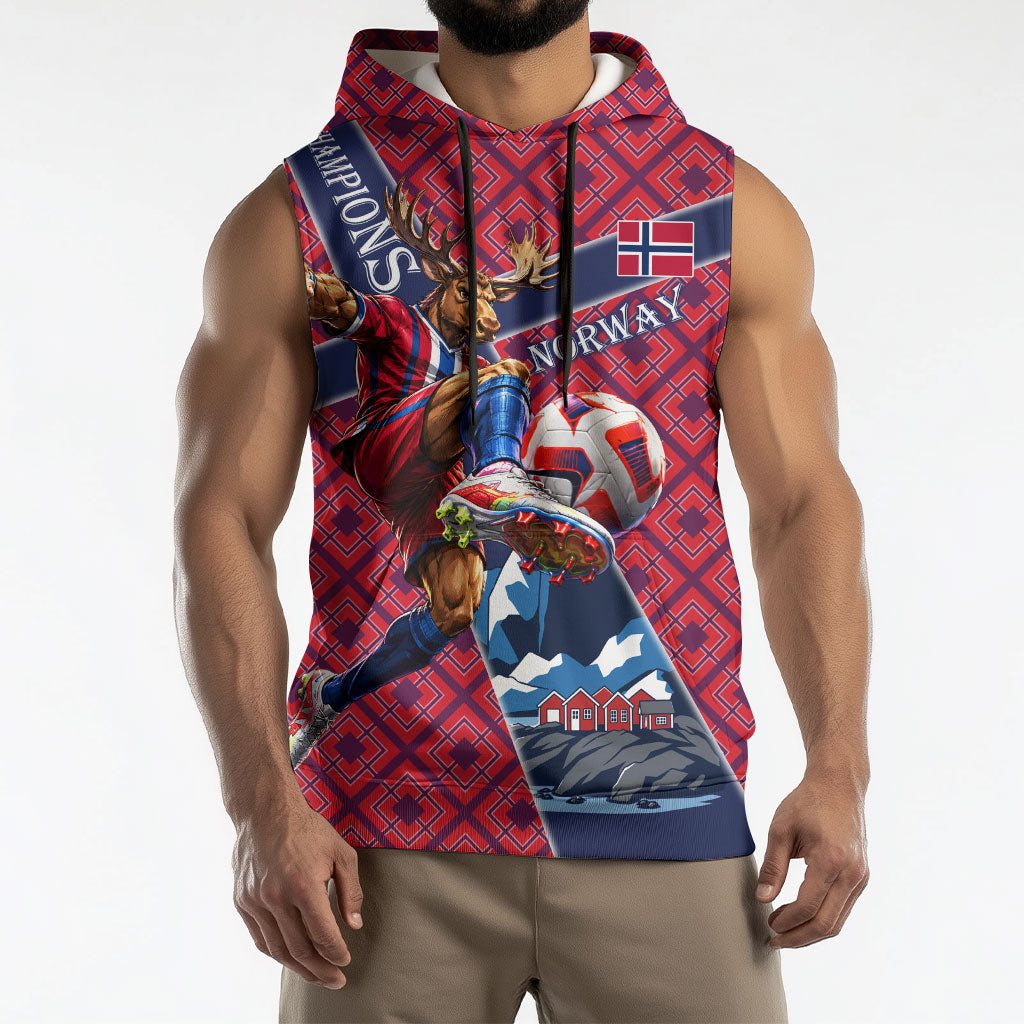 Personalized Norway Soccer Moose Champions Sleeveless Hoodie Football Nordic Heritage Mountain Art