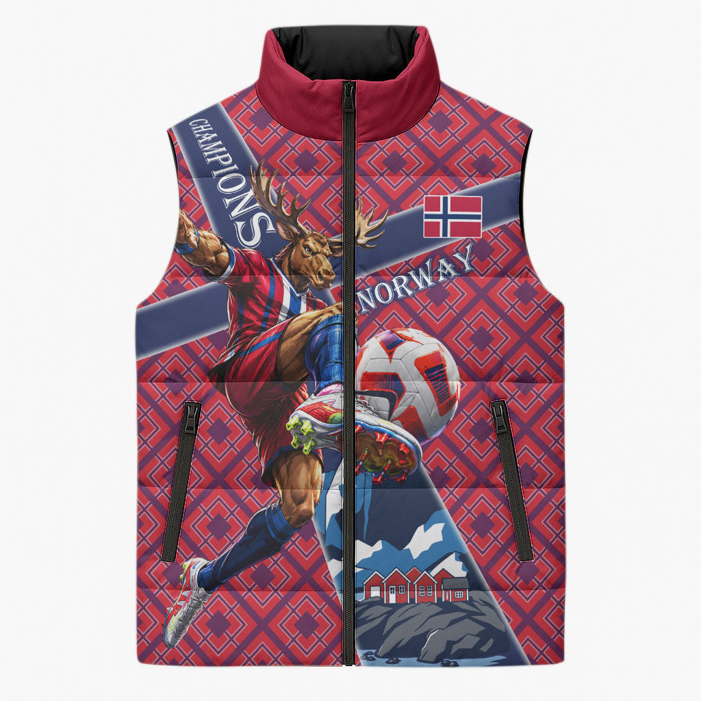 Personalized Norway Soccer Moose Champions Sleeveless Puffer Jacket Football Nordic Heritage Mountain Art