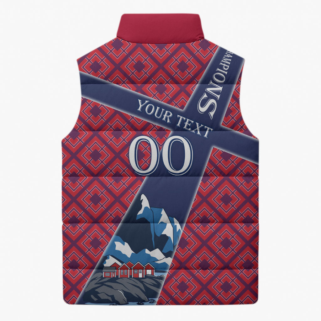 Personalized Norway Soccer Moose Champions Sleeveless Puffer Jacket Football Nordic Heritage Mountain Art