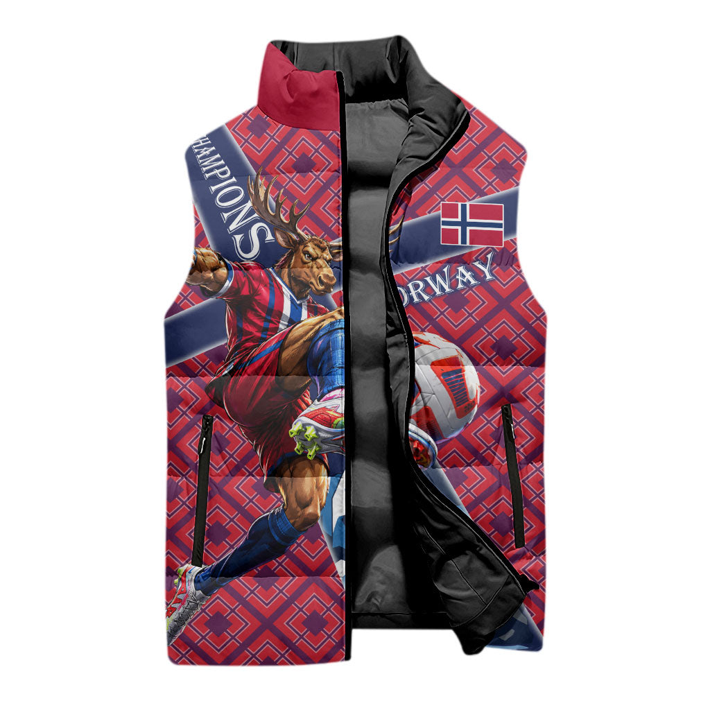 Personalized Norway Soccer Moose Champions Sleeveless Puffer Jacket Football Nordic Heritage Mountain Art