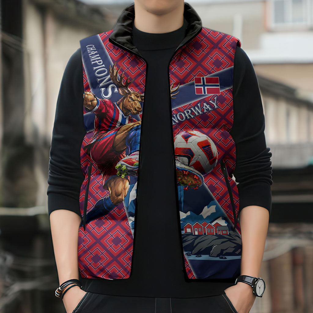 Personalized Norway Soccer Moose Champions Sleeveless Puffer Jacket Football Nordic Heritage Mountain Art