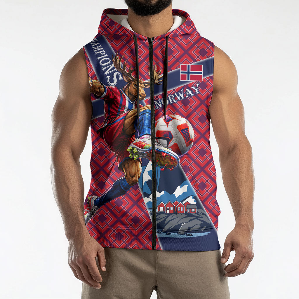 Personalized Norway Soccer Moose Champions Sleeveless Zip Hoodie Football Nordic Heritage Mountain Art