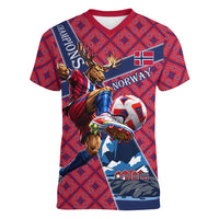 Personalized Norway Soccer Moose Champions Women V-Neck T-Shirt Football Nordic Heritage Mountain Art