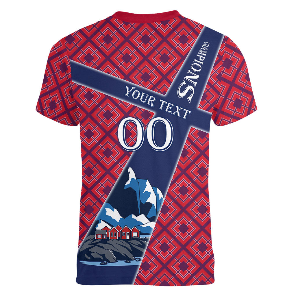 Personalized Norway Soccer Moose Champions Women V-Neck T-Shirt Football Nordic Heritage Mountain Art