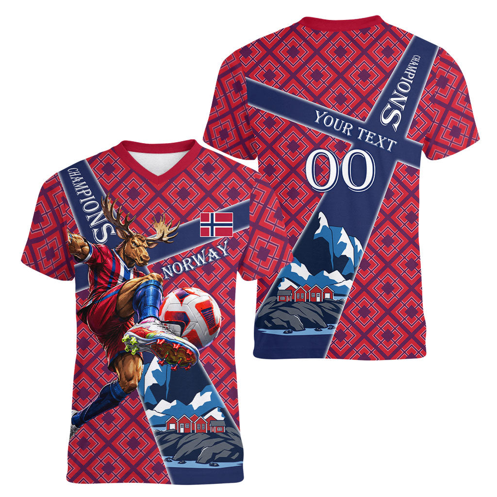 Personalized Norway Soccer Moose Champions Women V-Neck T-Shirt Football Nordic Heritage Mountain Art