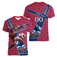 Personalized Norway Soccer Moose Champions Women V-Neck T-Shirt Football Nordic Heritage Mountain Art