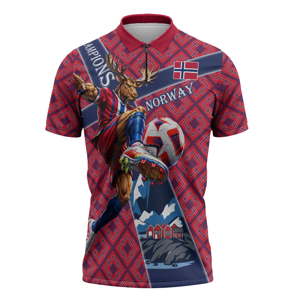 Personalized Norway Soccer Moose Champions Zipper Polo Shirt Football Nordic Heritage Mountain Art