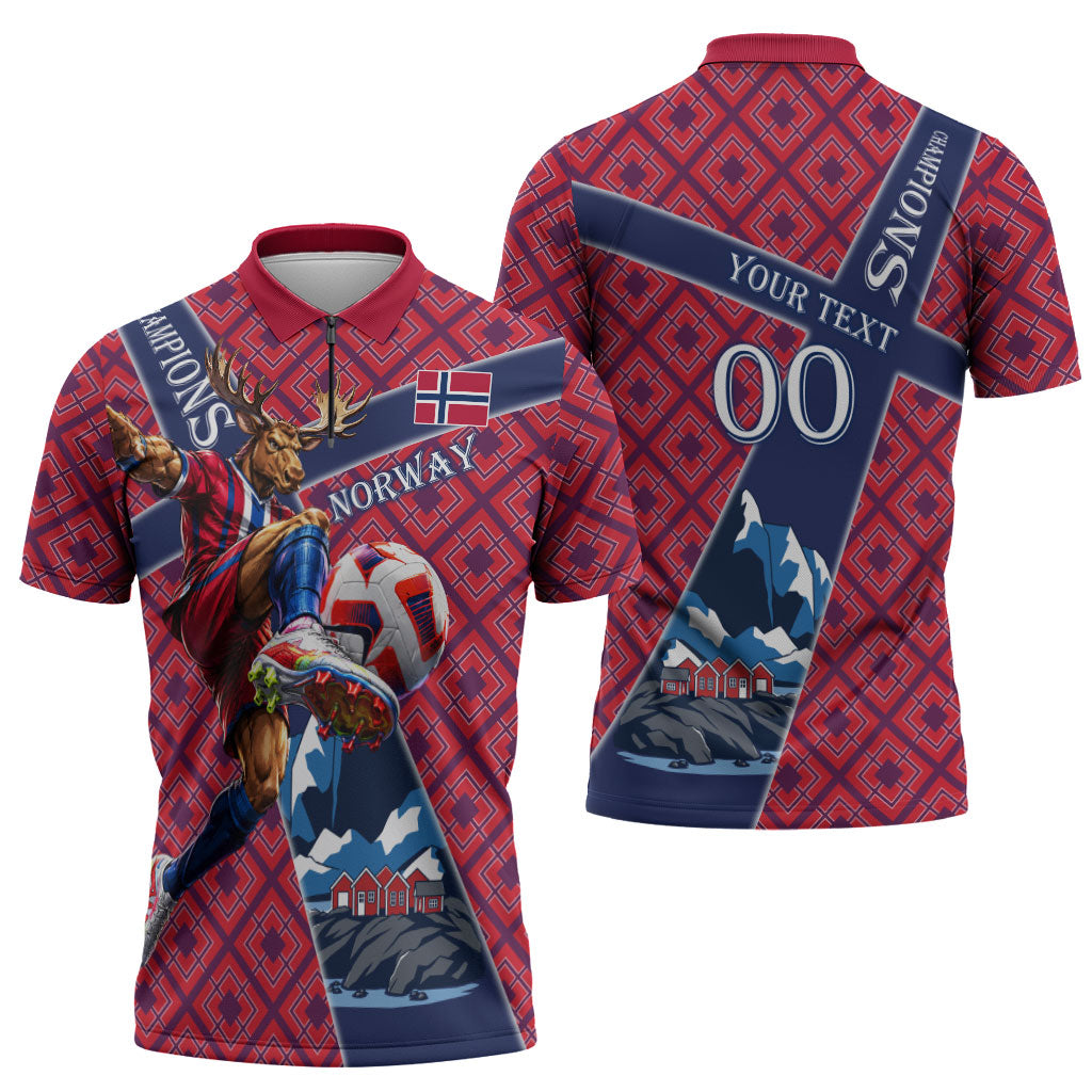 Personalized Norway Soccer Moose Champions Zipper Polo Shirt Football Nordic Heritage Mountain Art