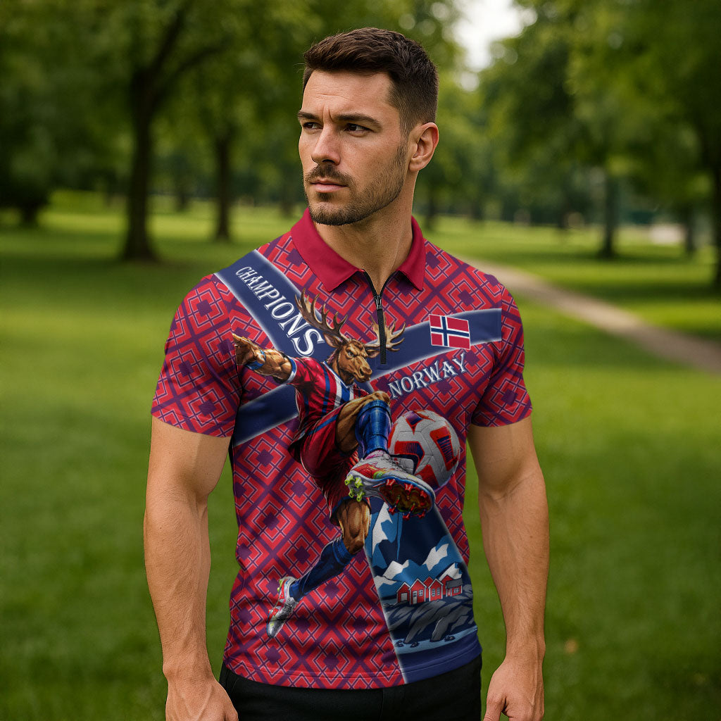 Personalized Norway Soccer Moose Champions Zipper Polo Shirt Football Nordic Heritage Mountain Art