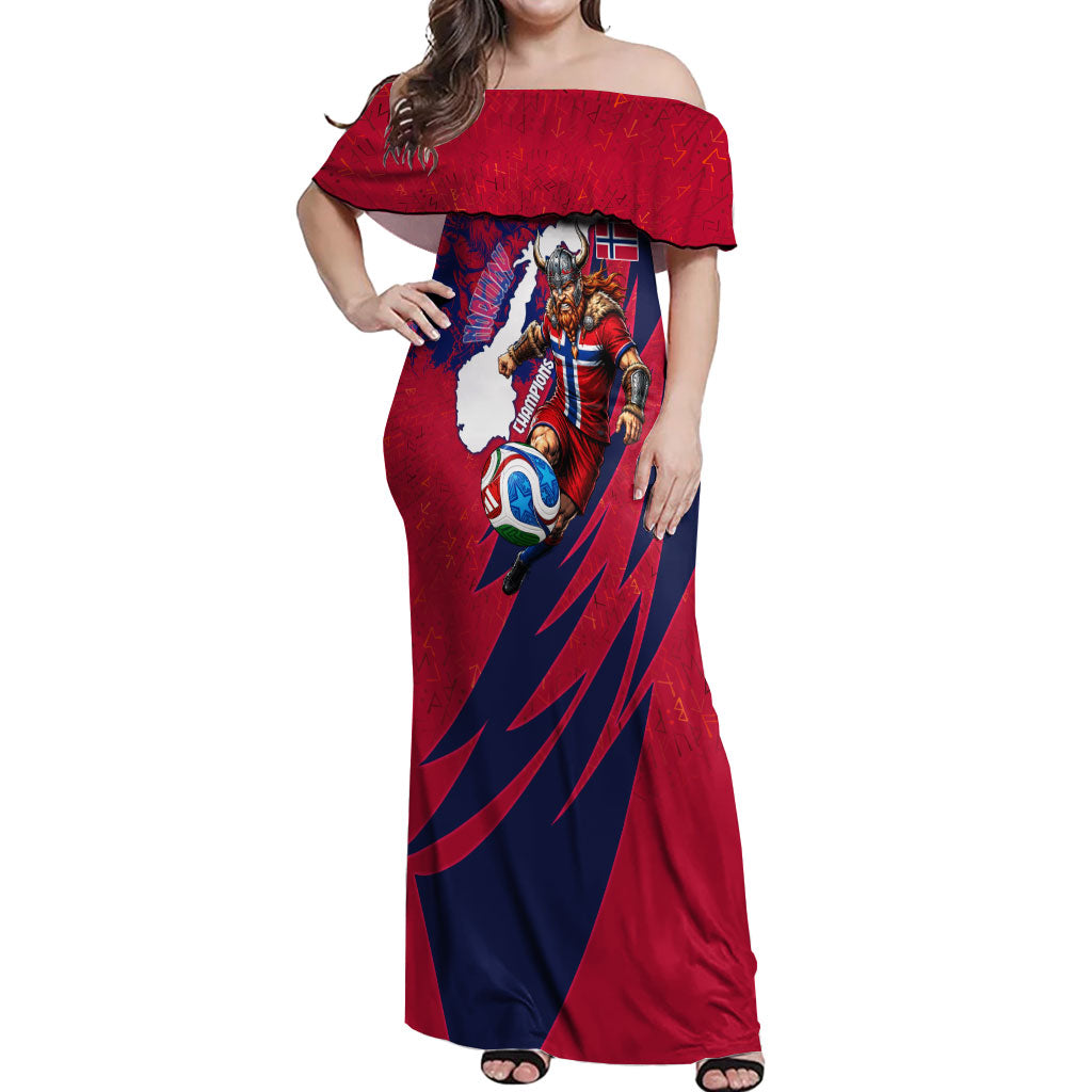 Personalized Norway Soccer Viking Champions Off Shoulder Maxi Dress Football Norse Warrior Map Nordic Cross