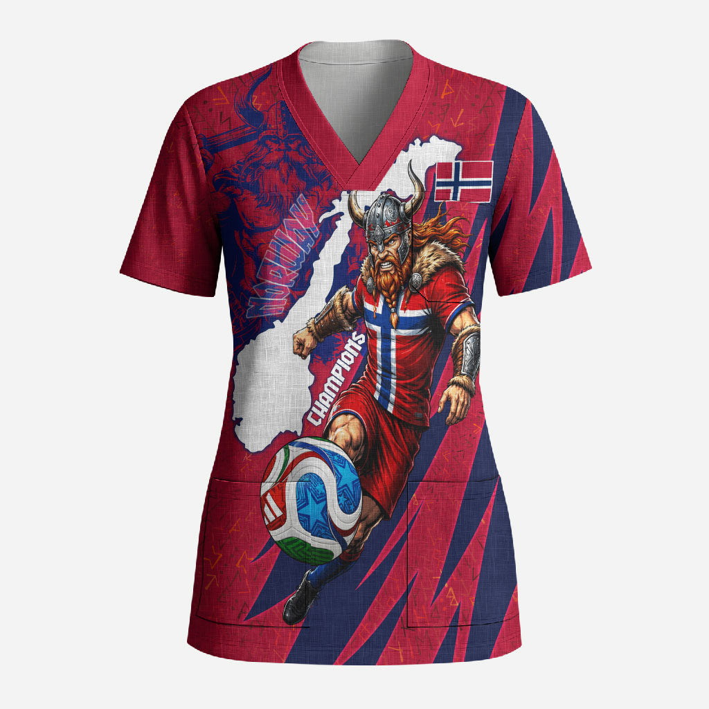 Personalized Norway Soccer Viking Champions Scrub Top Football Norse Warrior Map Nordic Cross