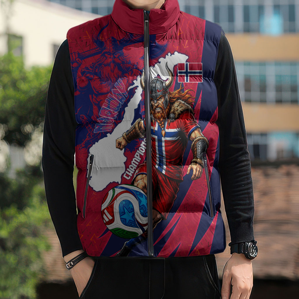 Personalized Norway Soccer Viking Champions Sleeveless Puffer Jacket Football Norse Warrior Map Nordic Cross