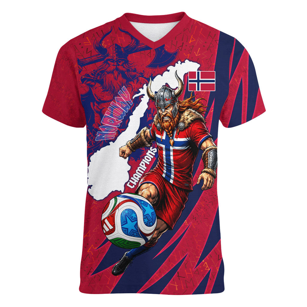 Personalized Norway Soccer Viking Champions Women V-Neck T-Shirt Football Norse Warrior Map Nordic Cross