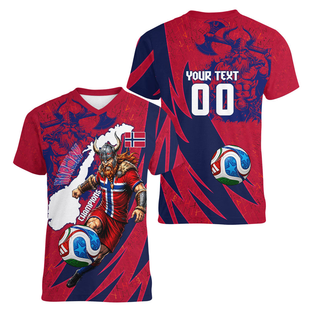 Personalized Norway Soccer Viking Champions Women V-Neck T-Shirt Football Norse Warrior Map Nordic Cross
