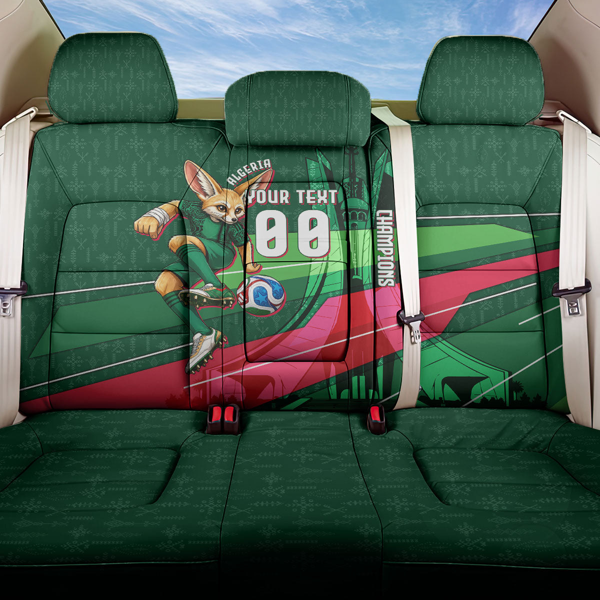 Personalized Algeria Football Champions Back Car Seat Cover Fennec Fox Mascot - Algiers Martyrs Memorial