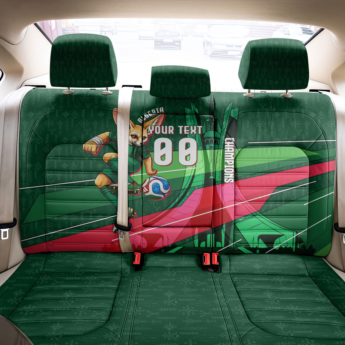 Personalized Algeria Football Champions Back Car Seat Cover Fennec Fox Mascot - Algiers Martyrs Memorial