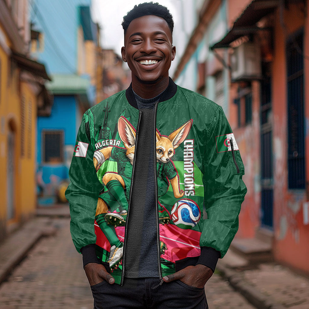Personalized Algeria Football Champions Sleeve Zip Bomber Jacket Fennec Fox Mascot - Algiers Martyrs Memorial