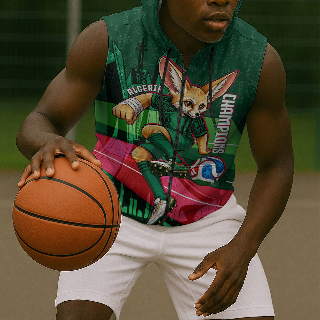 Personalized Algeria Football Champions Sleeveless Zip Hoodie Fennec Fox Mascot - Algiers Martyrs Memorial
