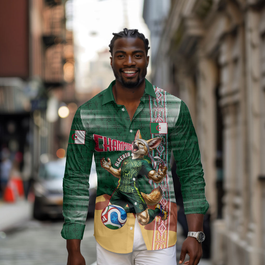 Personalized Algeria Champions Football 2026 Long Sleeve Button Shirt Fennec Fox Victory Mascot - Traditional Berber Pattern