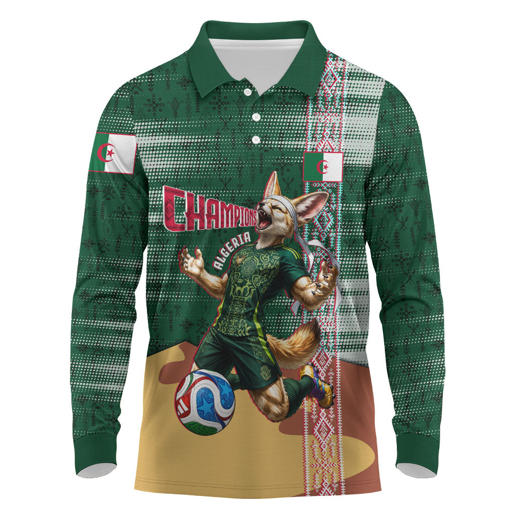 Personalized Algeria Champions Football 2026 Long Sleeve Polo Shirt Fennec Fox Victory Mascot - Traditional Berber Pattern