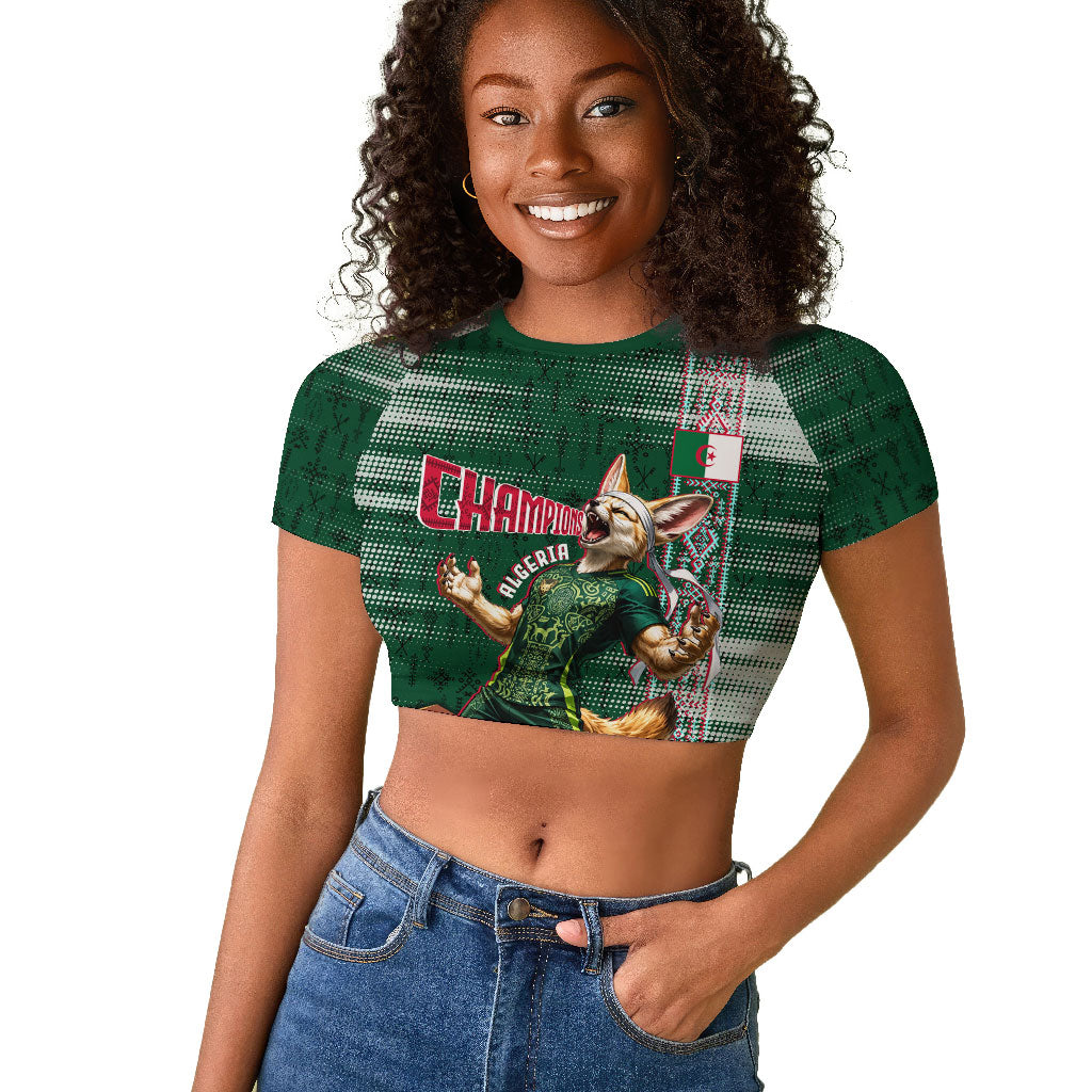 Personalized Algeria Champions Football 2026 Raglan Cropped T shirt Fennec Fox Victory Mascot - Traditional Berber Pattern
