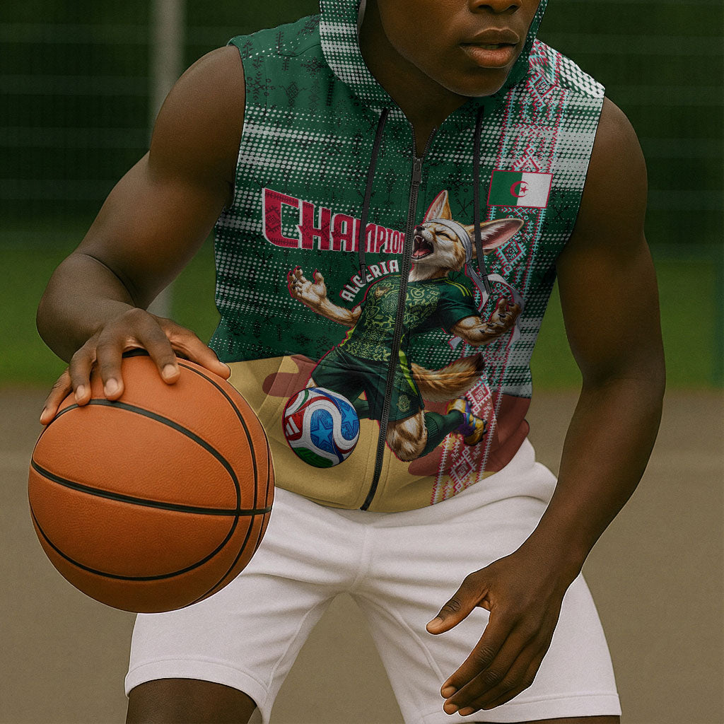 Personalized Algeria Champions Football 2026 Sleeveless Zip Hoodie Fennec Fox Victory Mascot - Traditional Berber Pattern