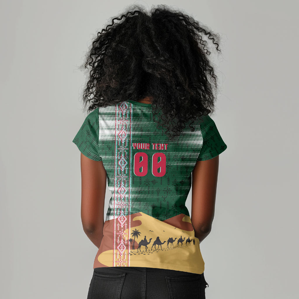 Personalized Algeria Champions Football 2026 Women V-Neck T-Shirt Fennec Fox Victory Mascot - Traditional Berber Pattern