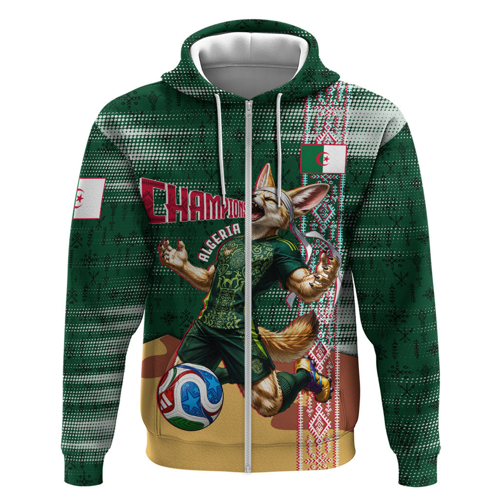 Personalized Algeria Champions Football 2026 Zip Hoodie Fennec Fox Victory Mascot - Traditional Berber Pattern