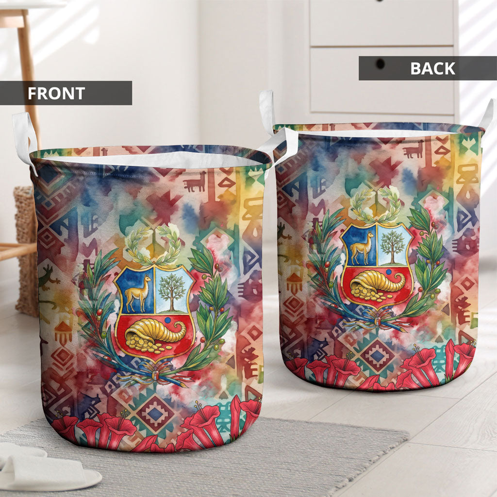 Peru National Emblem Marinera Laundry Basket Watercolor Splash Inca Pattern