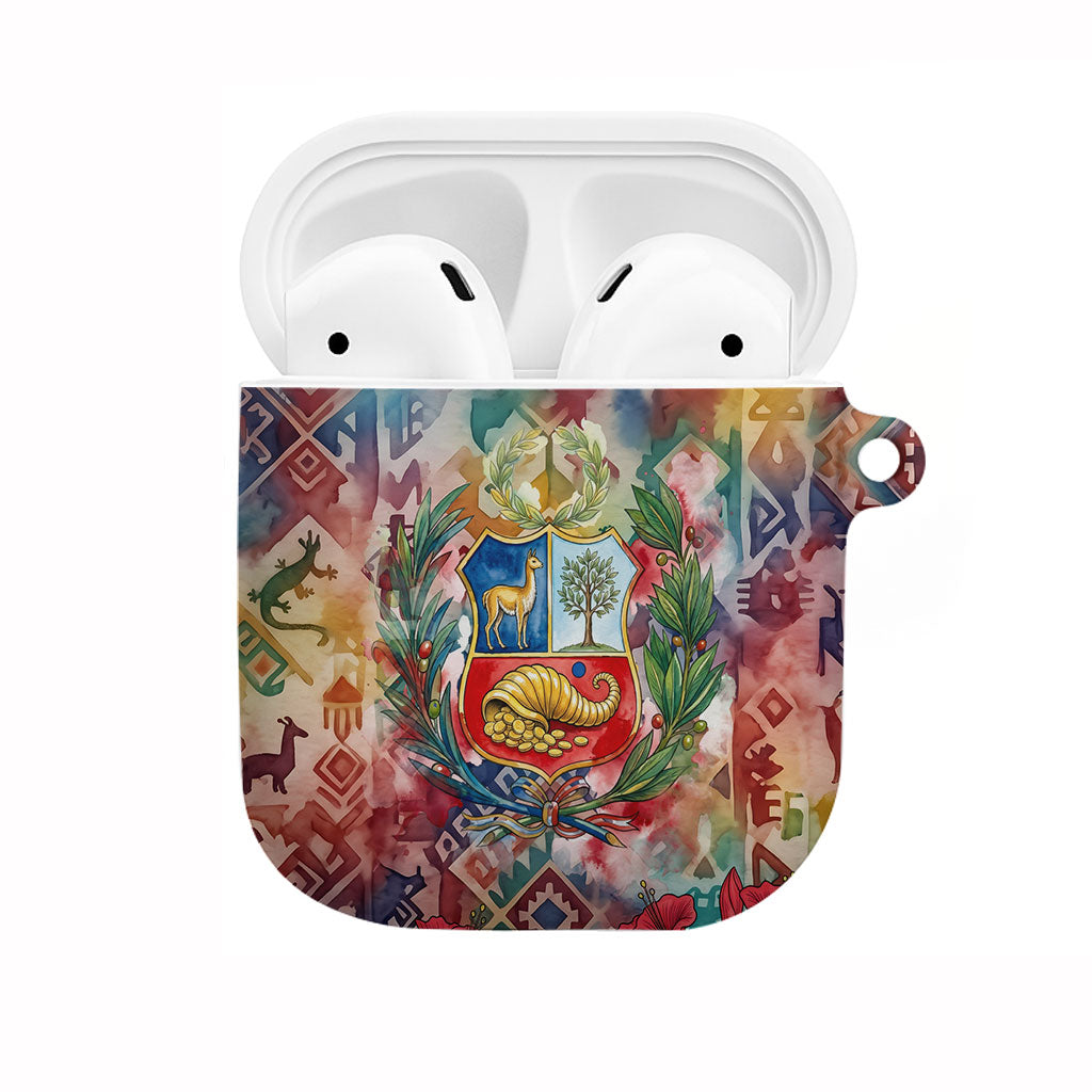 Peru National Emblem Marinera AirPods Case Watercolor Splash Inca Pattern