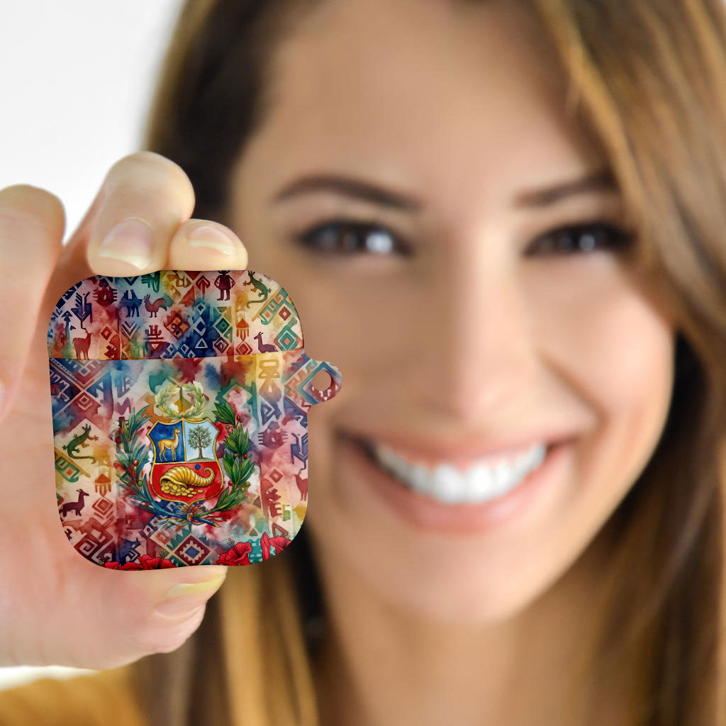 Peru National Emblem Marinera AirPods Case Watercolor Splash Inca Pattern