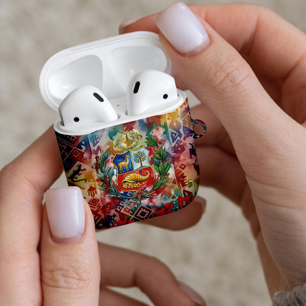 Peru National Emblem Marinera AirPods Case Watercolor Splash Inca Pattern