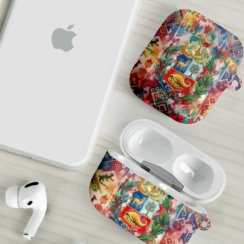 Peru National Emblem Marinera AirPods Case Watercolor Splash Inca Pattern