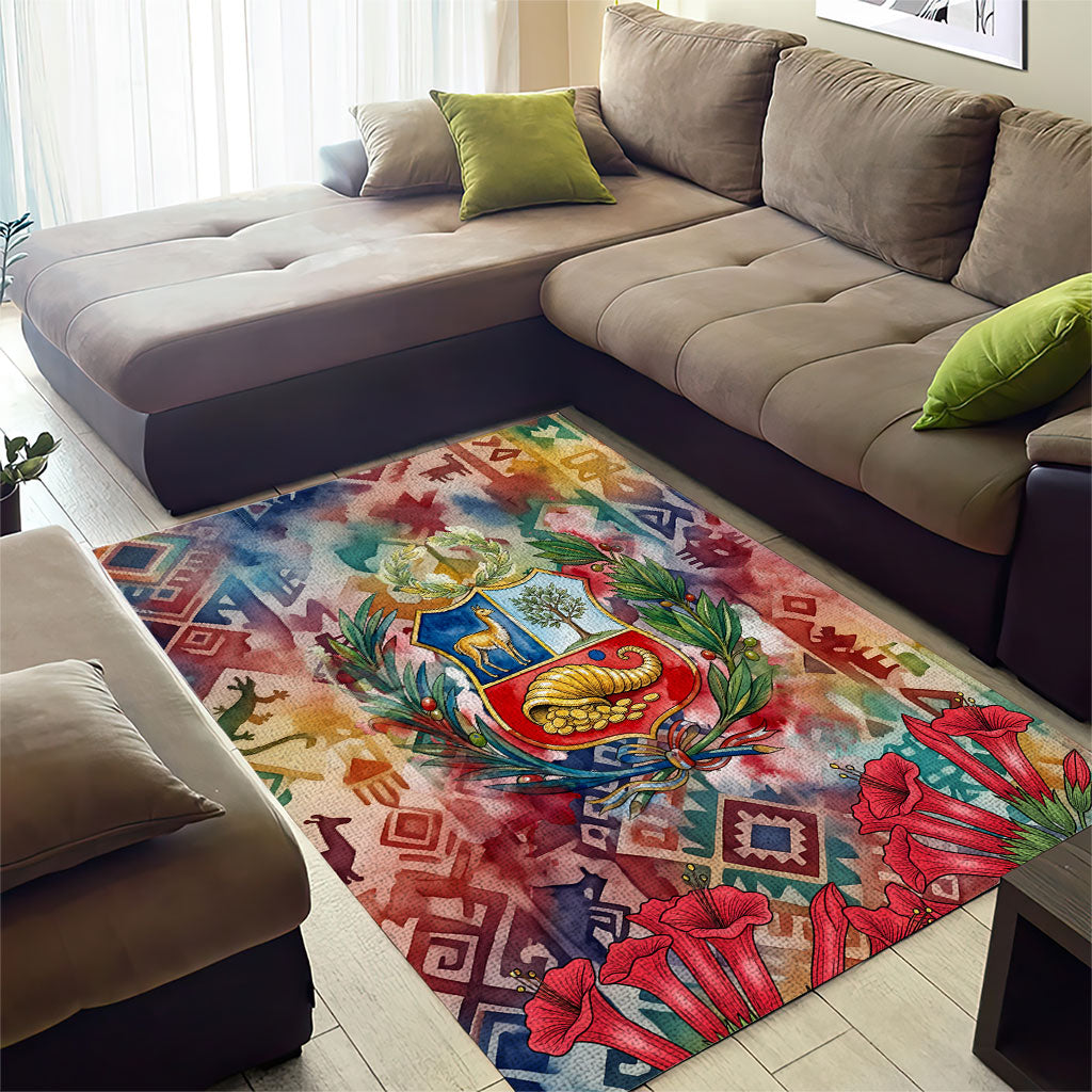 Peru National Emblem Marinera Area Rug Watercolor Splash Inca Pattern
