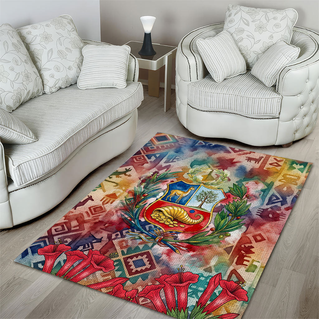 Peru National Emblem Marinera Area Rug Watercolor Splash Inca Pattern
