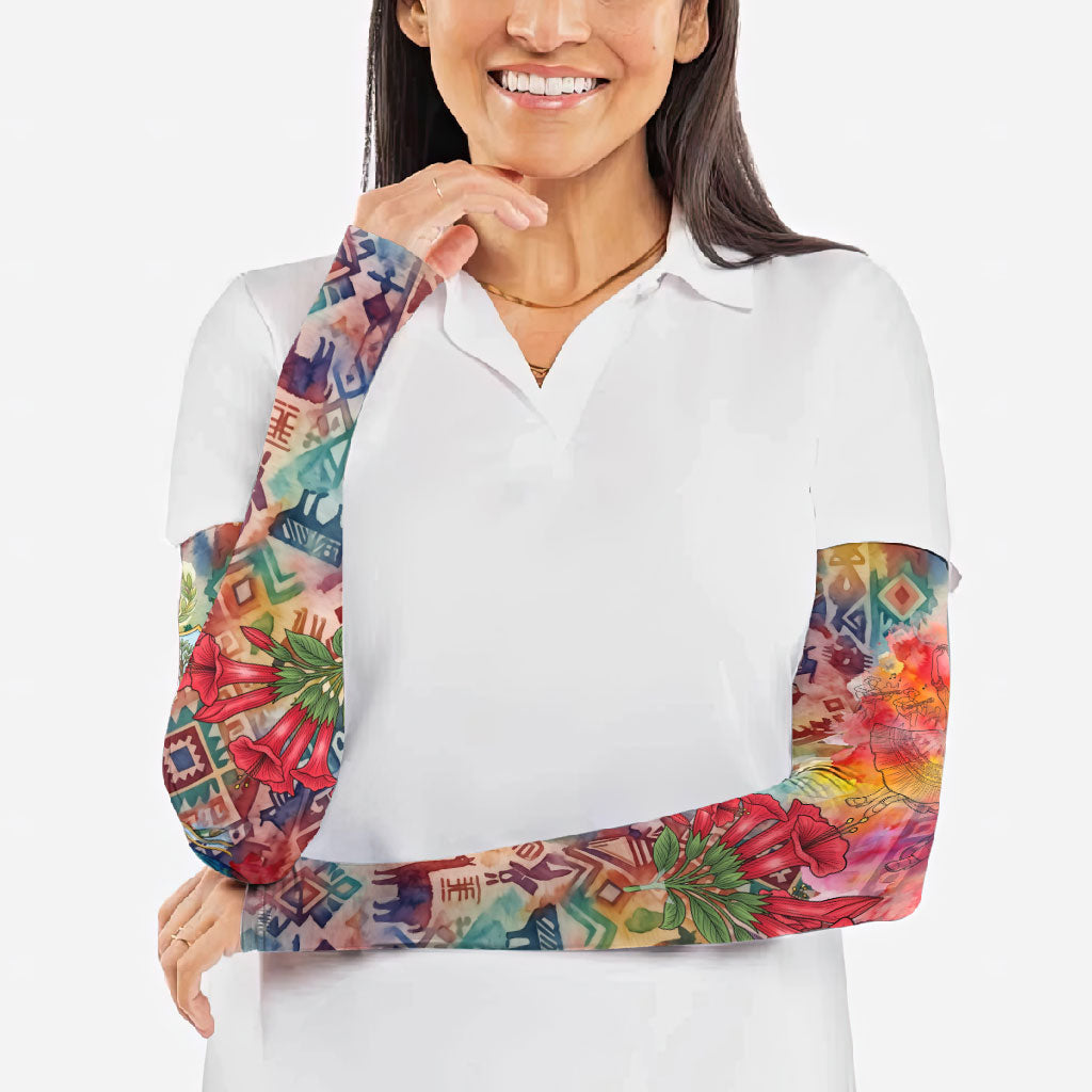 Peru National Emblem Marinera Arm Sleeves Watercolor Splash Inca Pattern