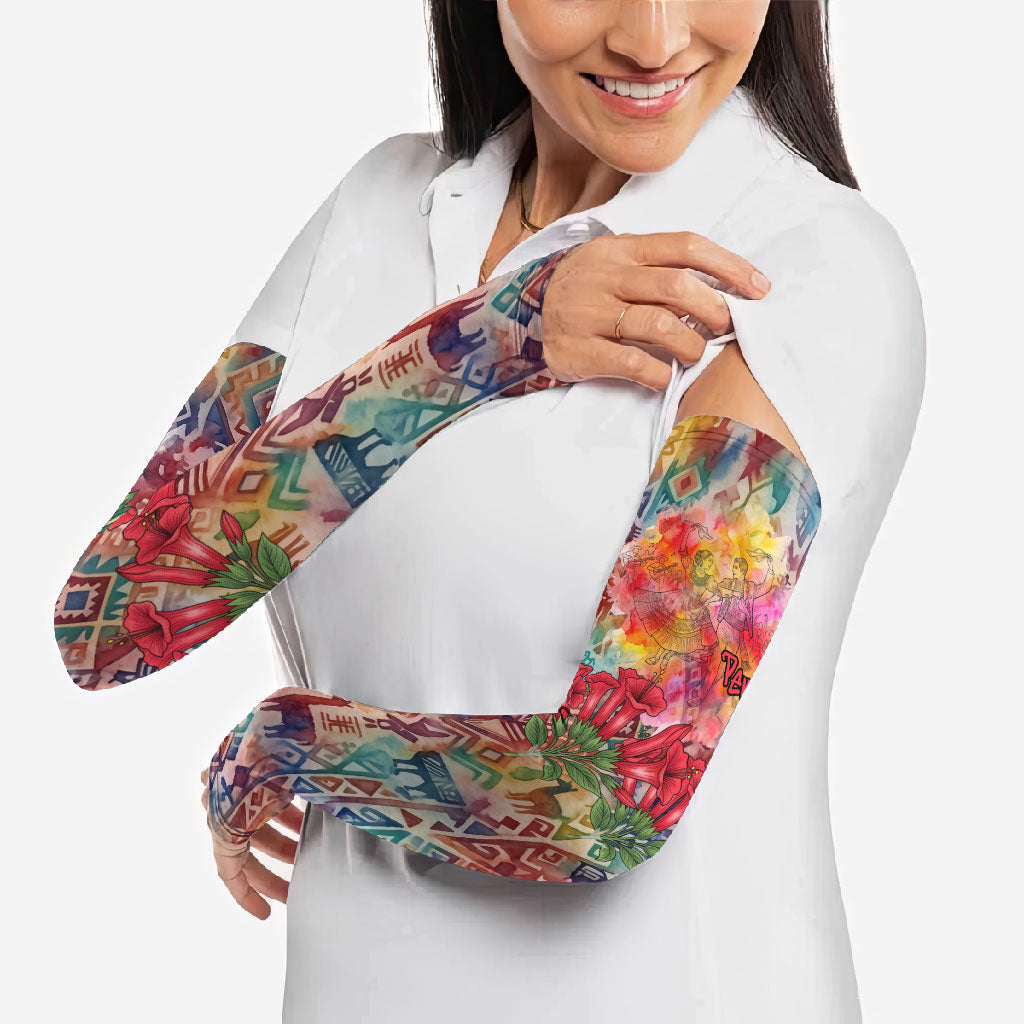 Peru National Emblem Marinera Arm Sleeves Watercolor Splash Inca Pattern