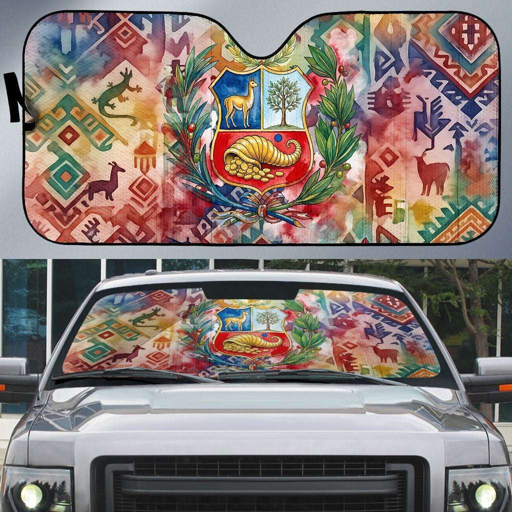 Peru National Emblem Marinera Auto Sun Shade Watercolor Splash Inca Pattern