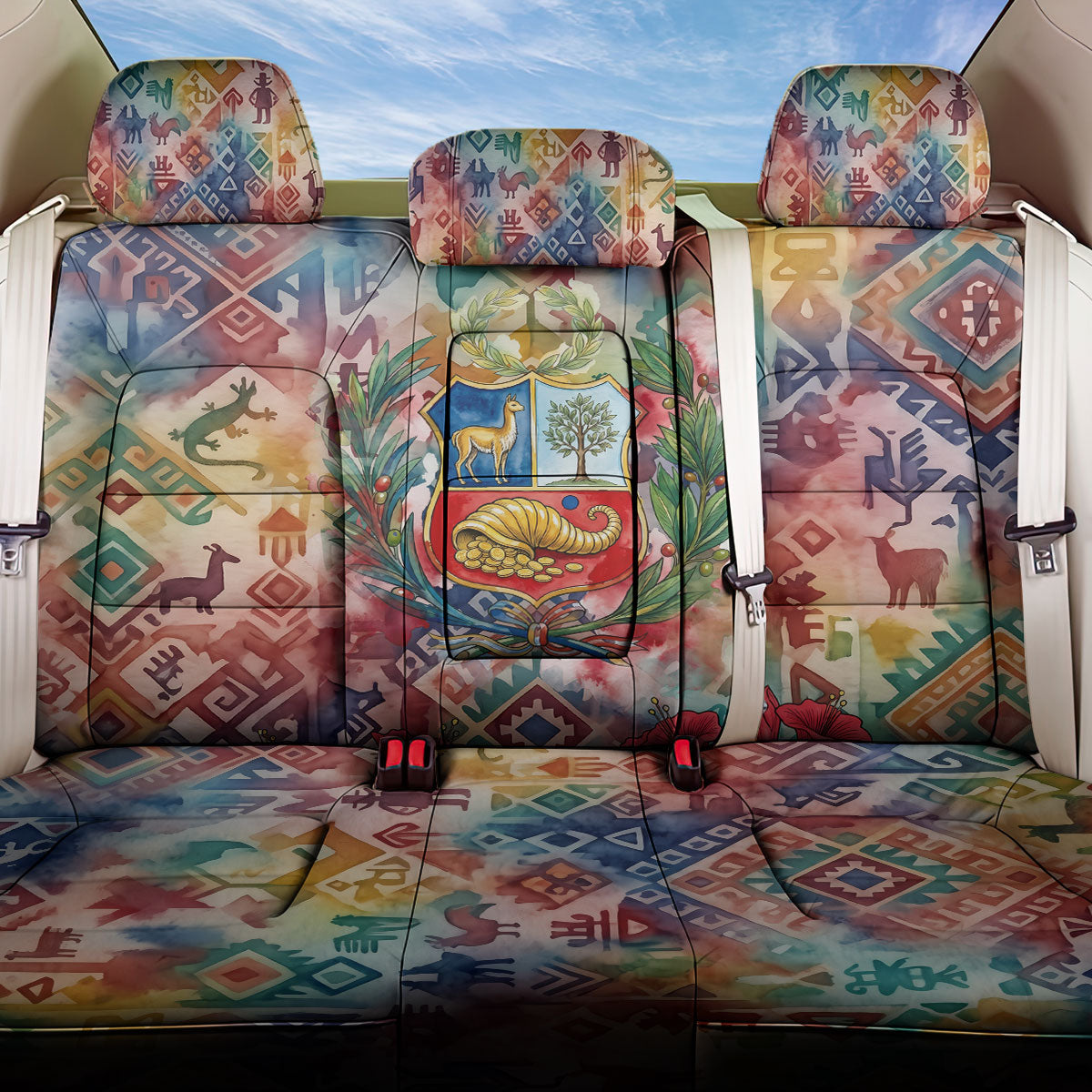 Peru National Emblem Marinera Back Car Seat Cover Watercolor Splash Inca Pattern