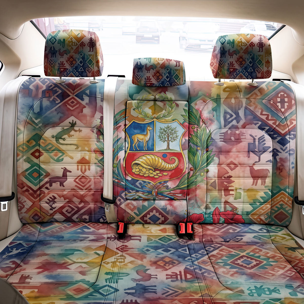 Peru National Emblem Marinera Back Car Seat Cover Watercolor Splash Inca Pattern