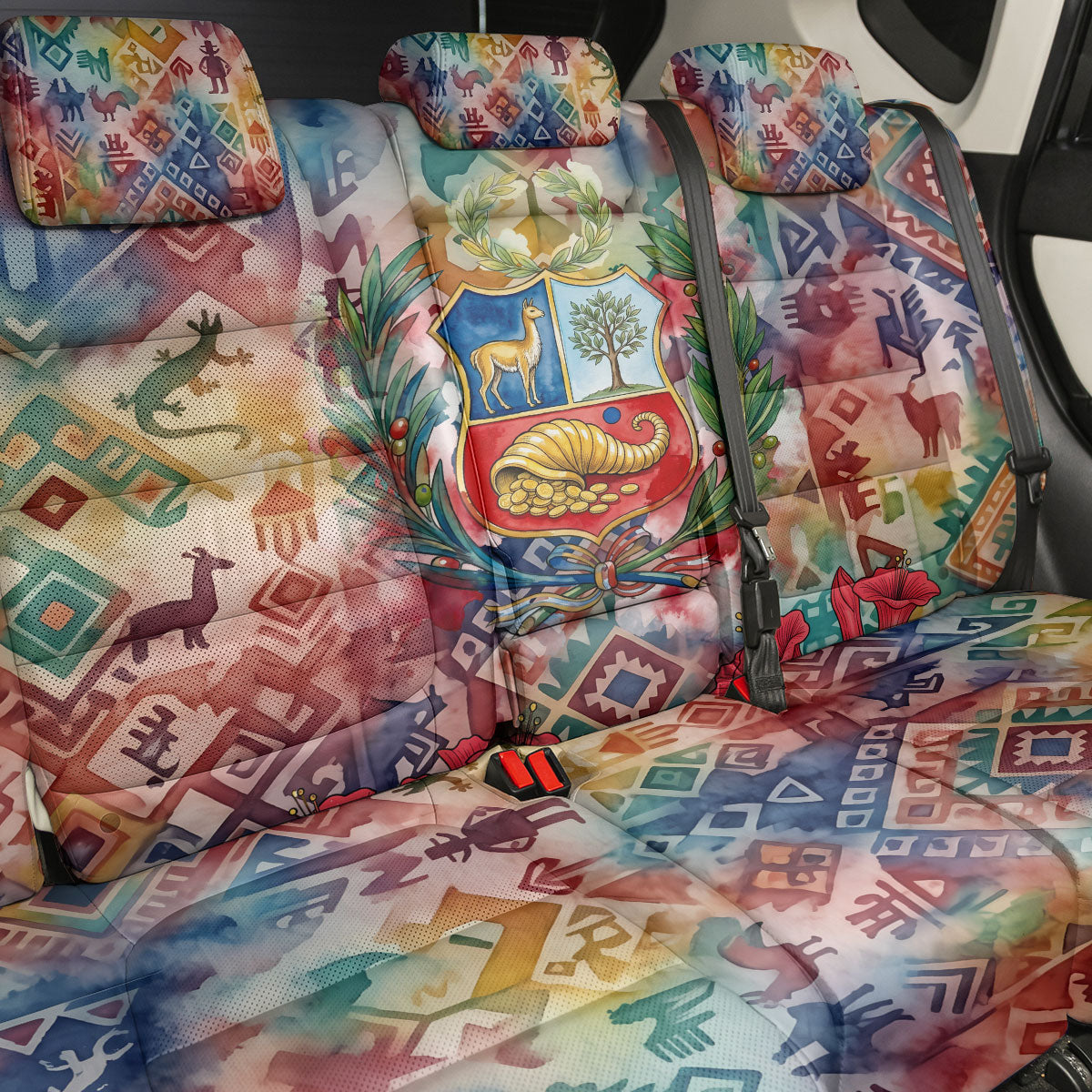 Peru National Emblem Marinera Back Car Seat Cover Watercolor Splash Inca Pattern