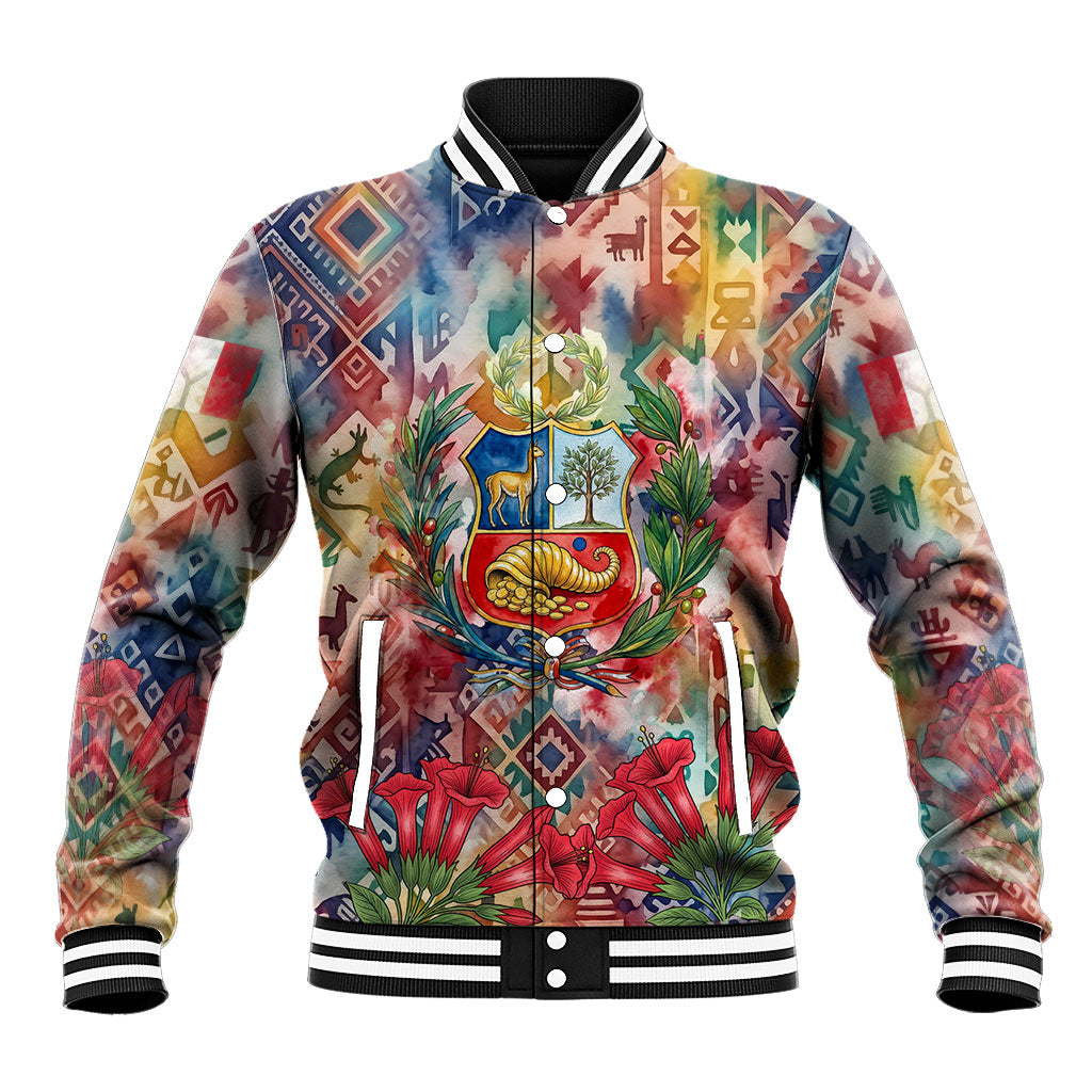 Peru National Emblem Marinera Baseball Jacket Watercolor Splash Inca Pattern