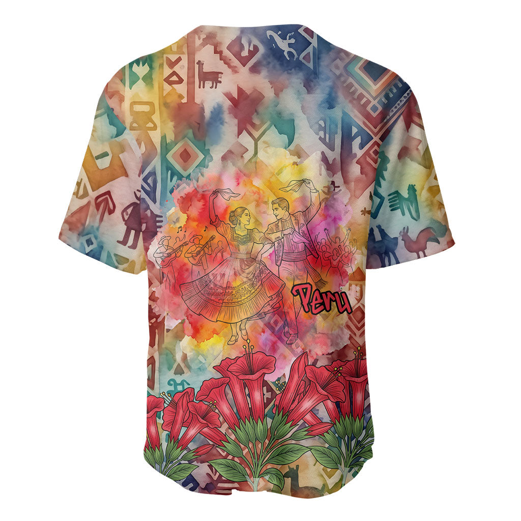 Peru National Emblem Marinera Baseball Jersey Watercolor Splash Inca Pattern