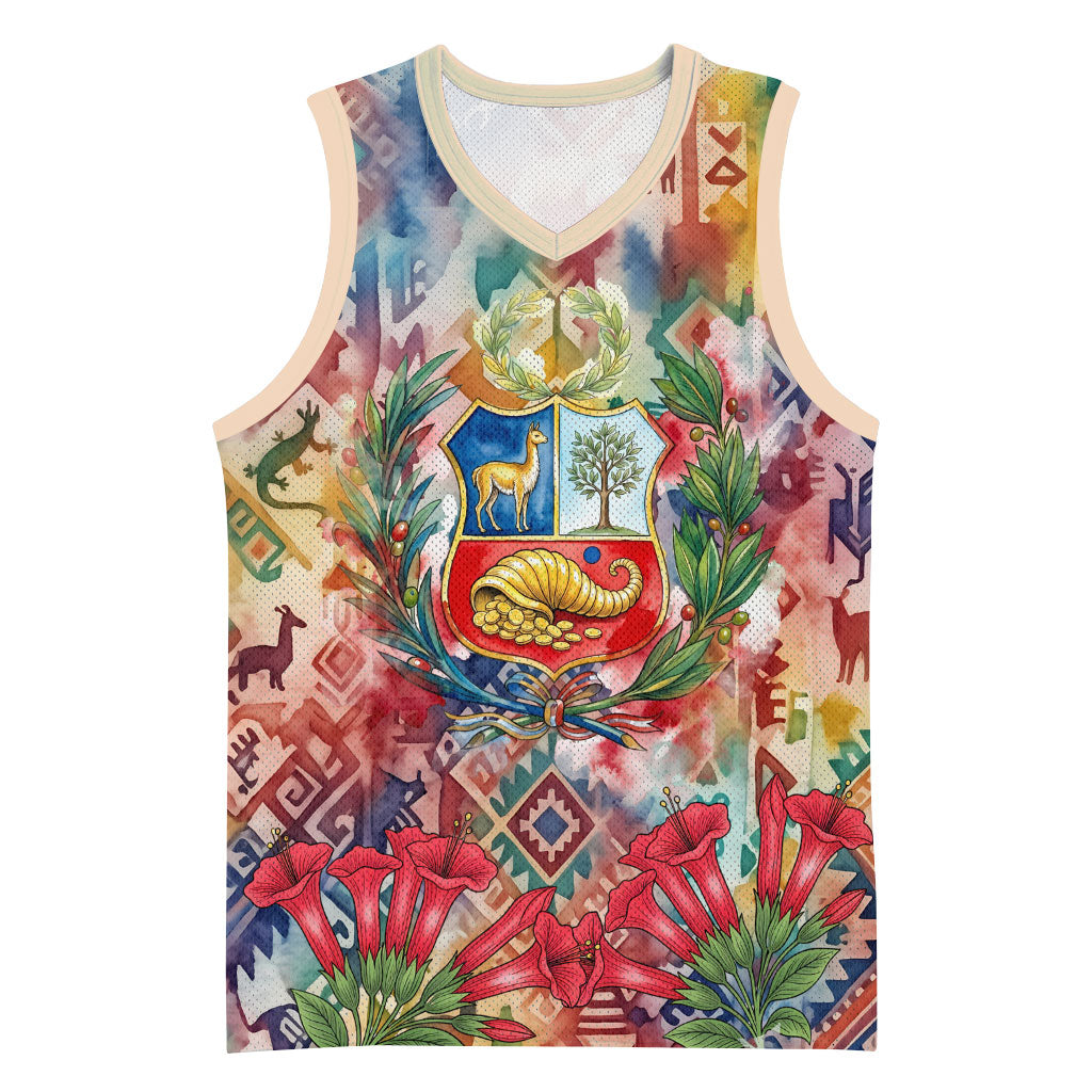 Peru National Emblem Marinera Basketball Jersey Watercolor Splash Inca Pattern