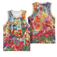 Peru National Emblem Marinera Basketball Jersey Watercolor Splash Inca Pattern