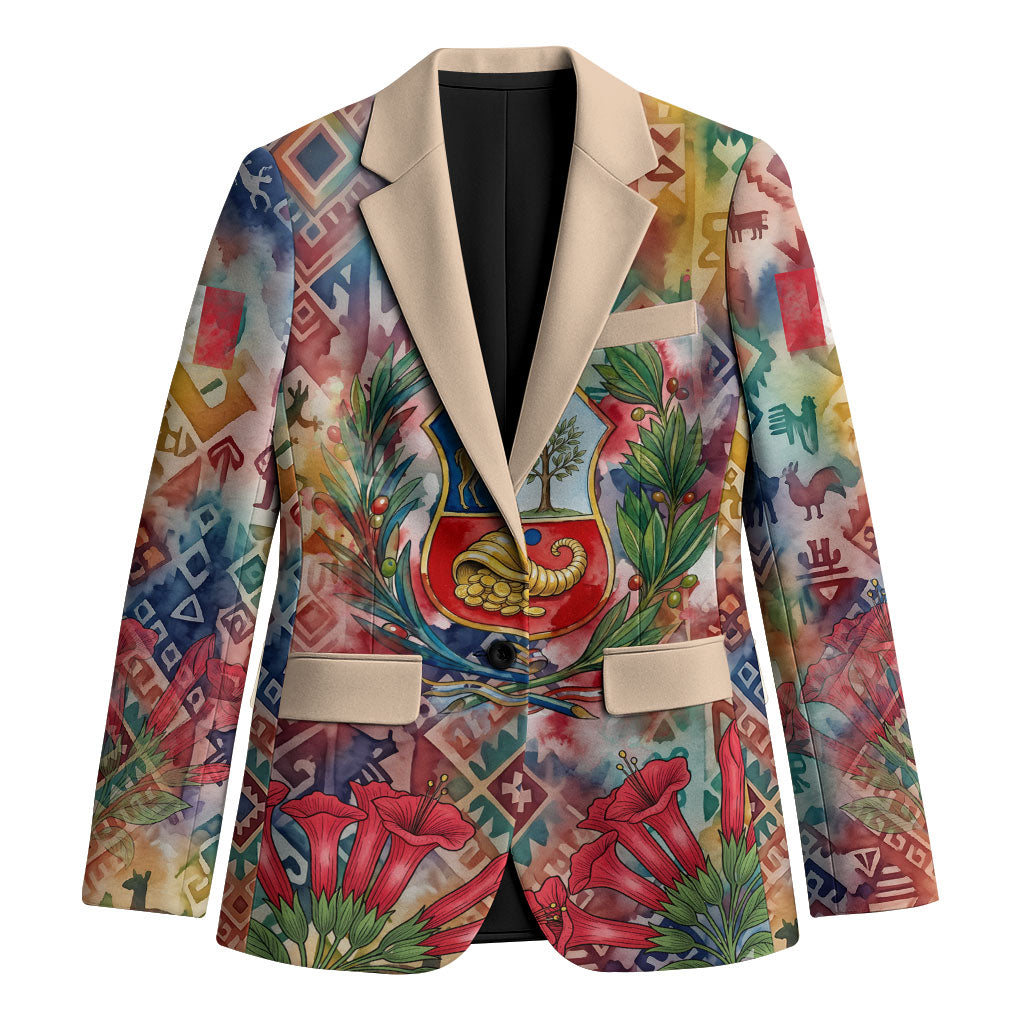Peru National Emblem Marinera Blazer Watercolor Splash Inca Pattern
