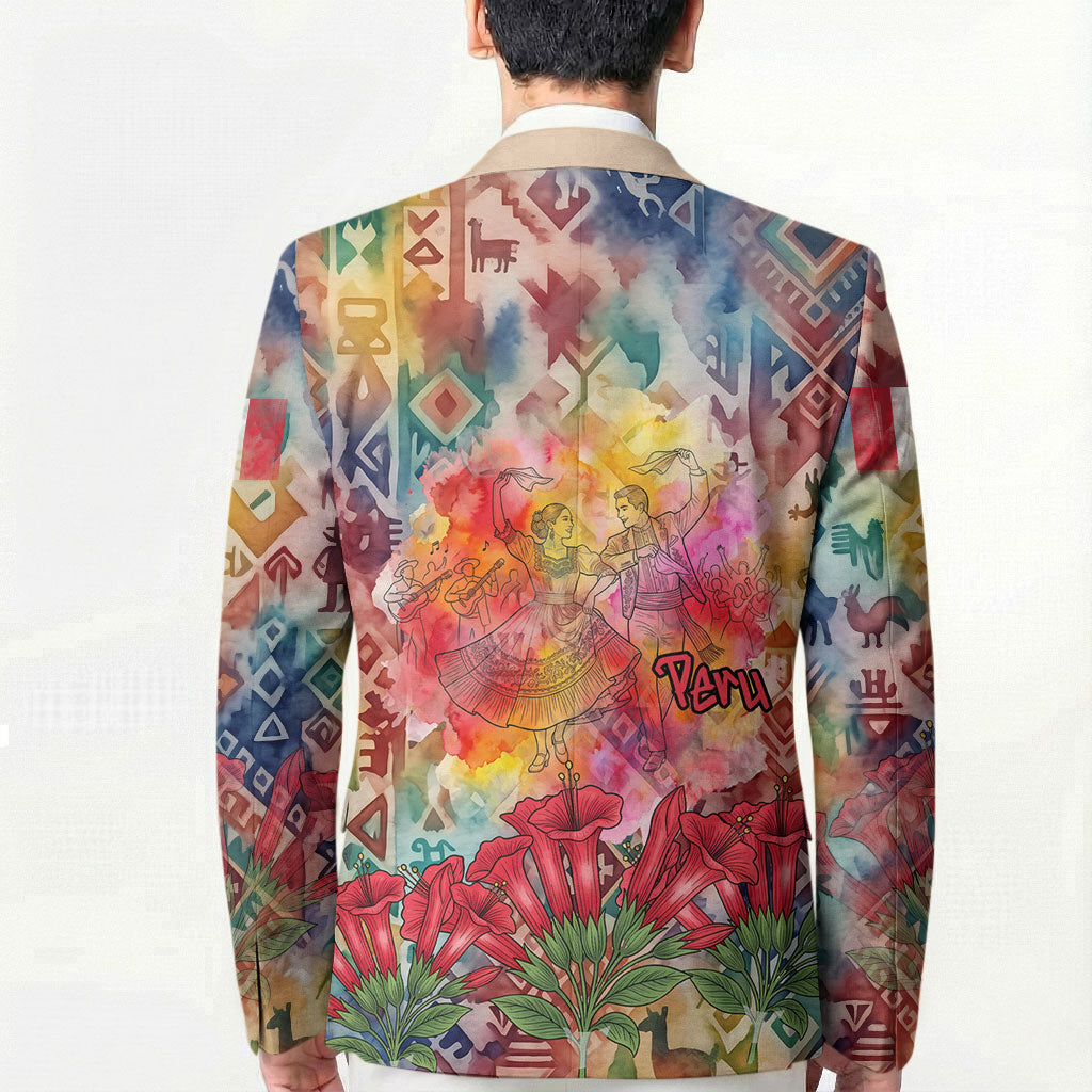Peru National Emblem Marinera Blazer Watercolor Splash Inca Pattern