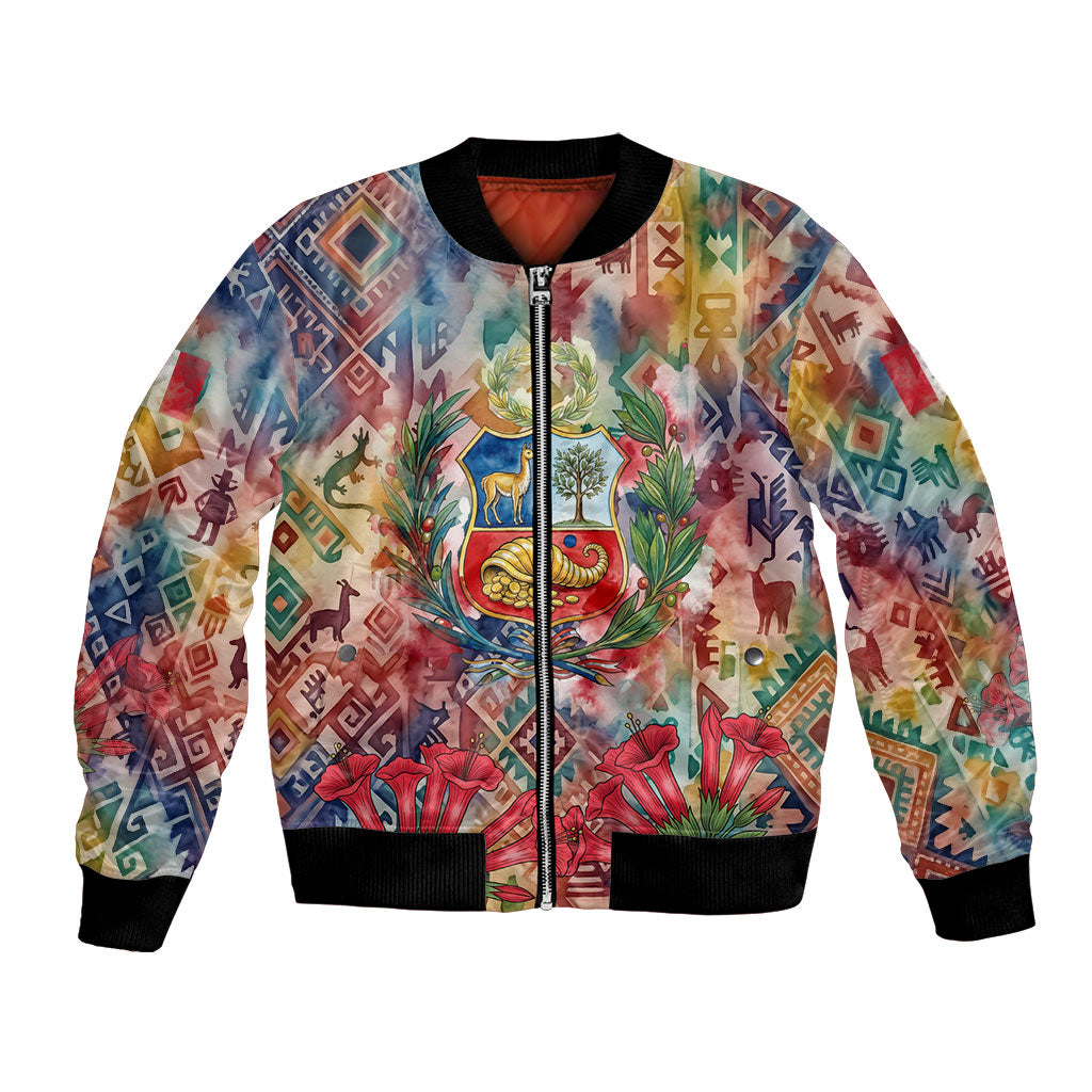 Peru National Emblem Marinera Bomber Jacket Watercolor Splash Inca Pattern