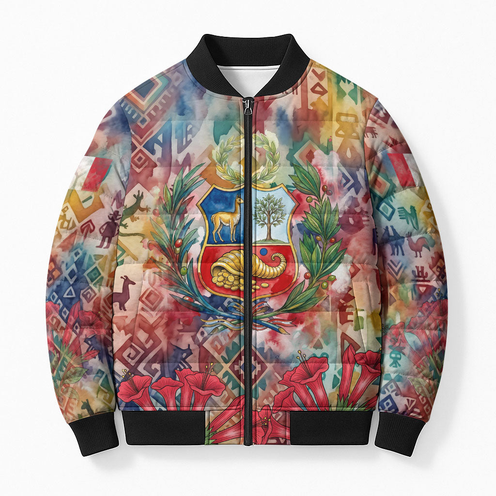 Peru National Emblem Marinera Bomber Puffer Jacket Watercolor Splash Inca Pattern