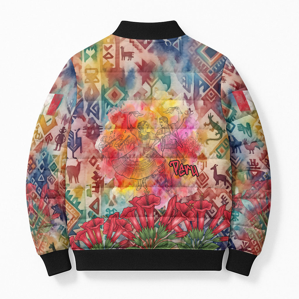 Peru National Emblem Marinera Bomber Puffer Jacket Watercolor Splash Inca Pattern